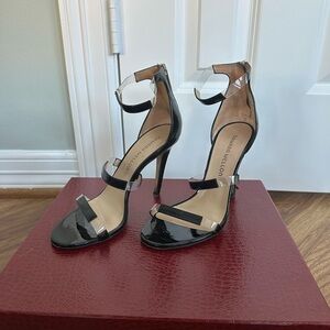 Trina Turk Black Patent Leather Heeled Sandals with Clear Straps